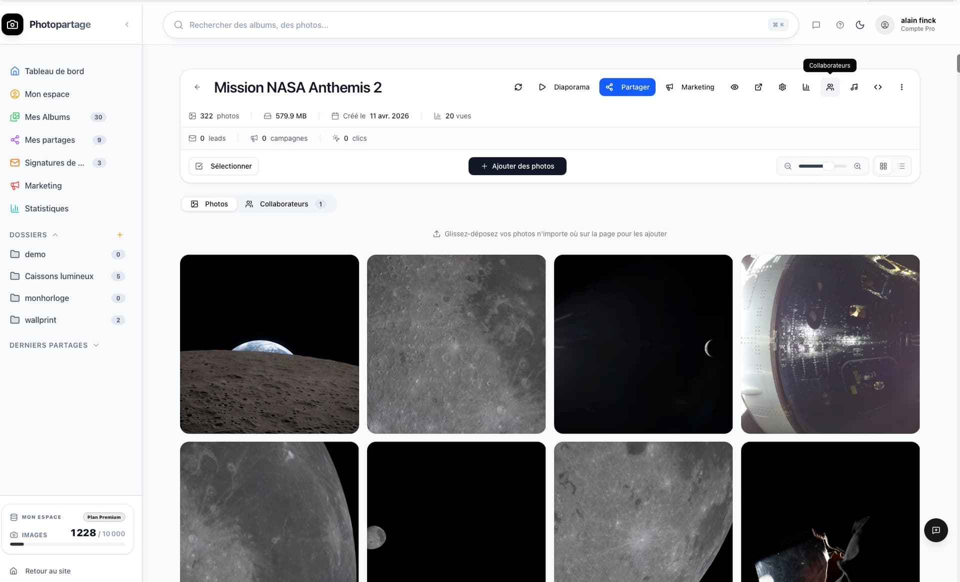 Interface album PhotoPartage avec accès Collaborateurs