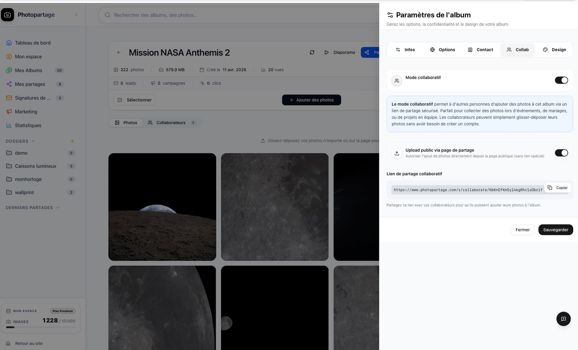 Paramètres album, onglet Collab avec mode collaboratif et lien à copier