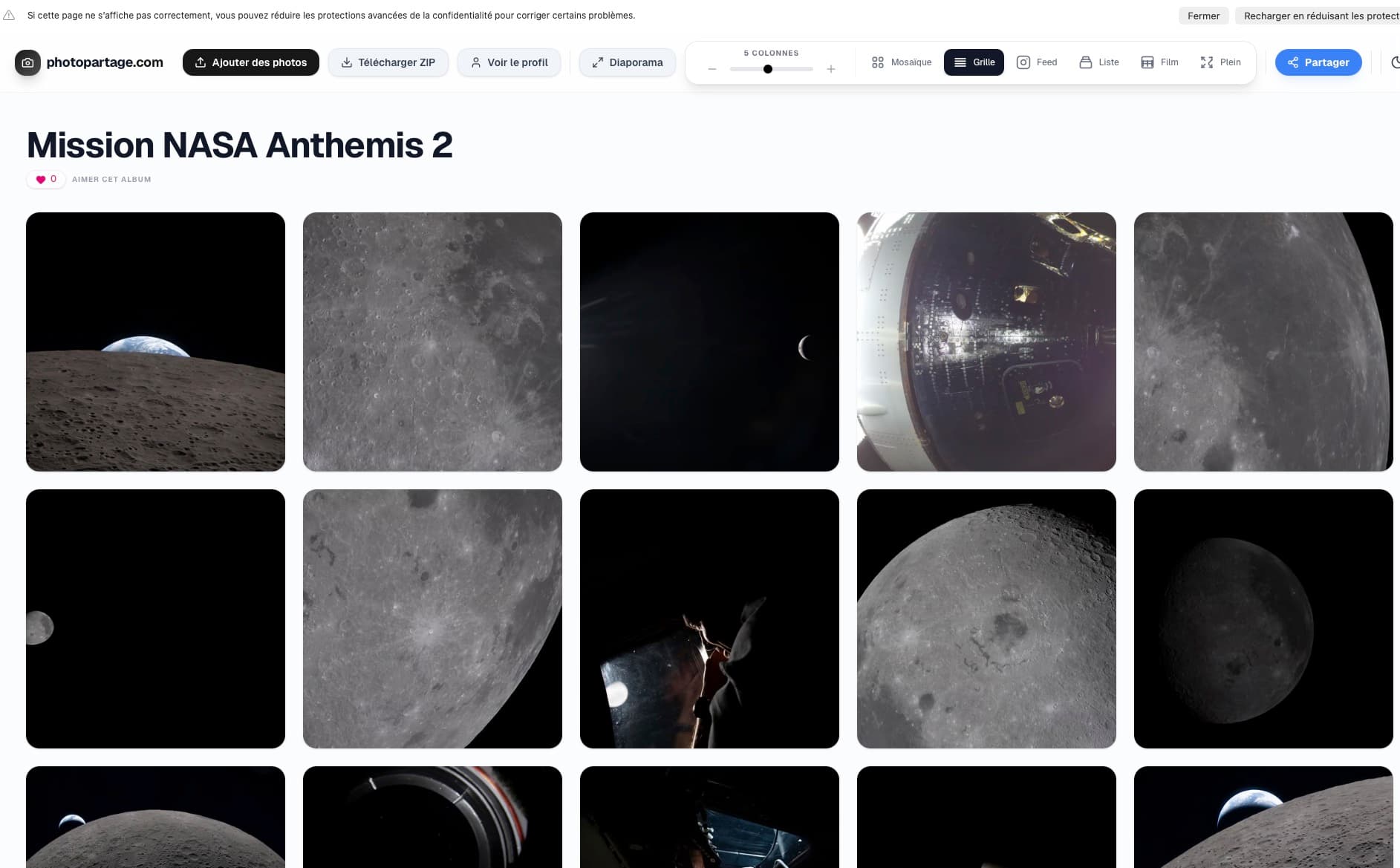 Album public avec grille de photos et actions Partager et Ajouter des photos